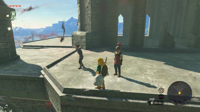 Link stands on top of the first gatehouse in Hyrule with Captain Hoz in The Legend of Zelda: Tears of the Kingdom