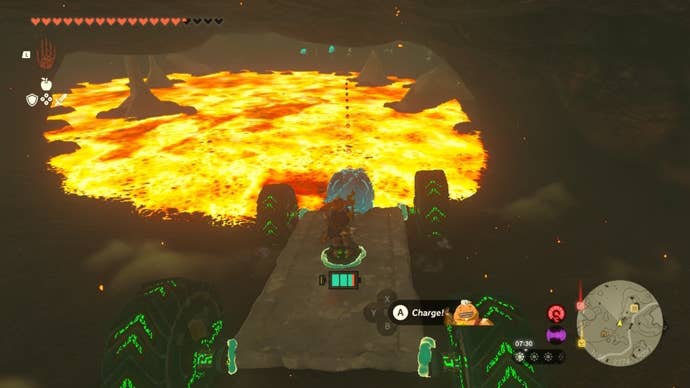Link uses a Zonai car to get across lava in The Legend of Zelda: Tears of the Kingdom