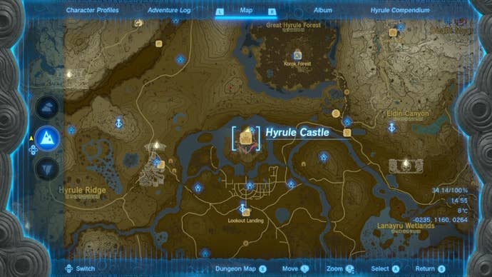 A map showing the location of Hyrule Castle in The Legend of Zelda: Tears of the Kingdom