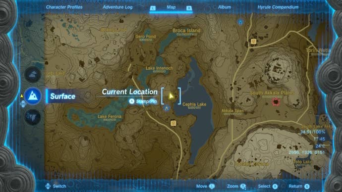 A map showing the location of the Cephla Lake Cave in The Legend of Zelda: Tears of the Kingdom