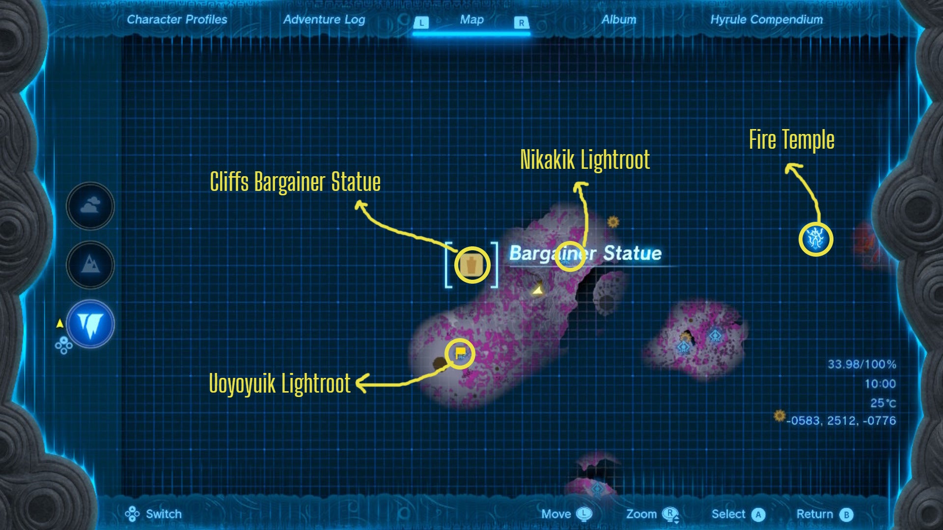 A labelled map showing the location of the Cliffs Bargainer Statue in The Legend of Zelda: Tears of the Kingdom - 12