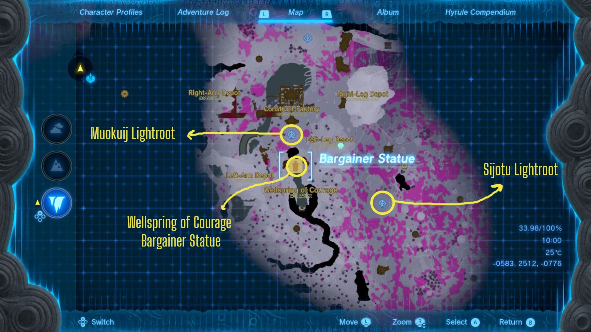 A labelled map showing the location of the Wellspring of Courage Bargainer Statue in The Legend of Zelda: Tears of the Kingdom - 9
