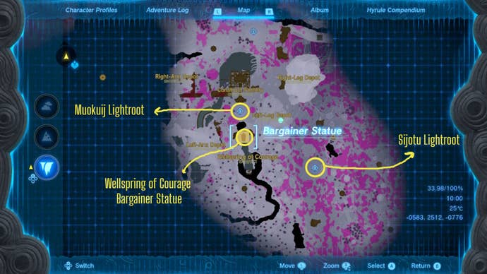 A labelled map showing the location of the Wellspring of Courage Bargainer Statue in The Legend of Zelda: Tears of the Kingdom