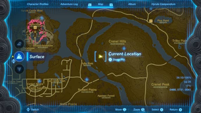 A map showing the location of Crenel Hills Cave in The Legend of Zelda: Tears of the Kingdom