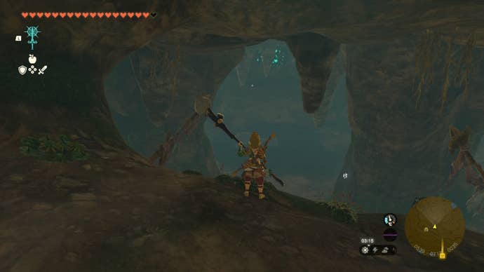 Link looks across a large chamber of a cave in The Legend of Zelda: Tears of the Kingdom