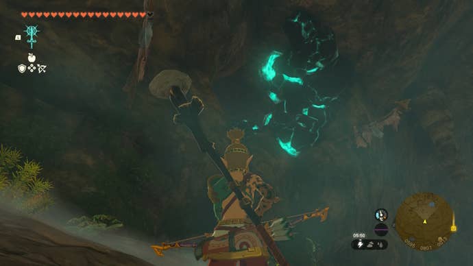 Link looks at a breakable block of luminous stone in The Legend of Zelda: Tears of the Kingdom