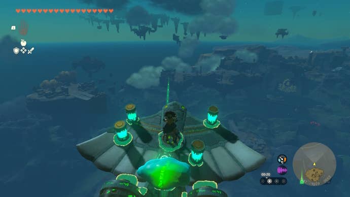 Link rides a glider with a sky crystal attached to it over to the Ukoojisi Shrine in Zelda: Tears of the Kingdom