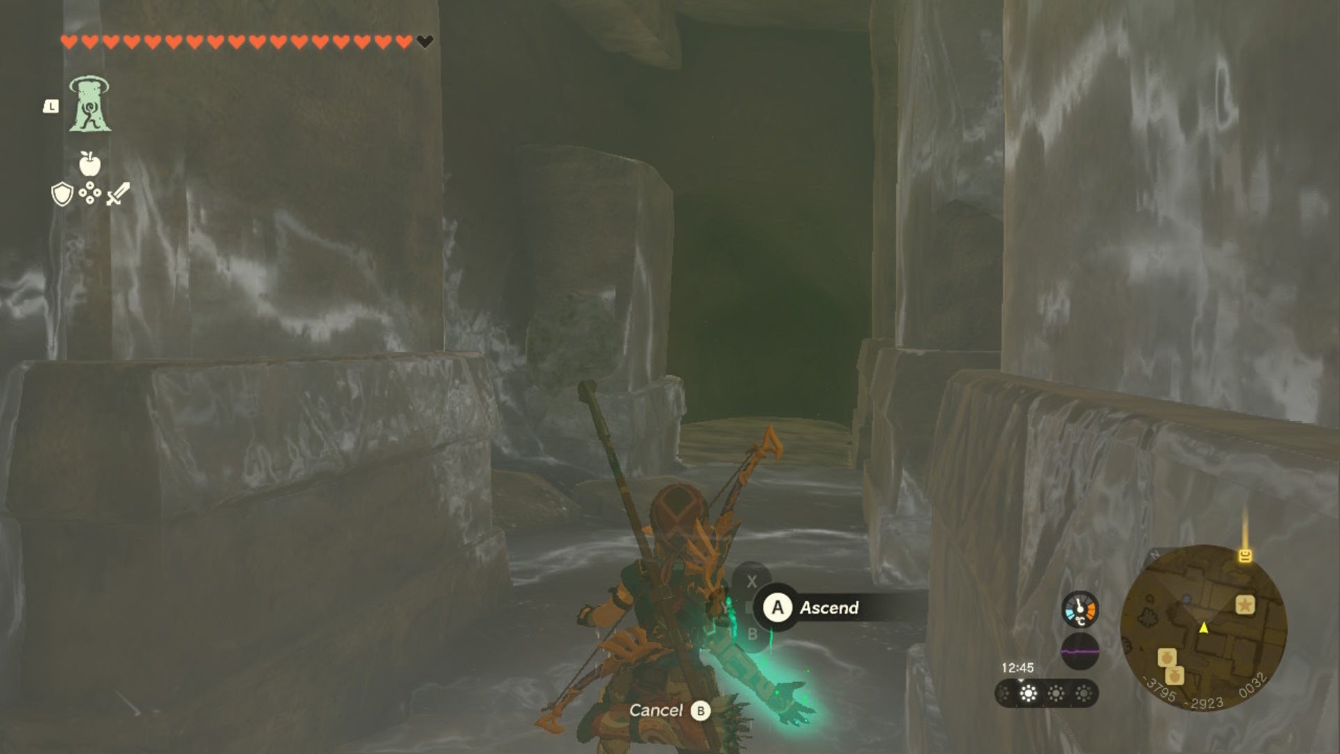 Link uses Ascend by some pillars in a small cave in The Legend of Zelda: Tears of the Kingdom