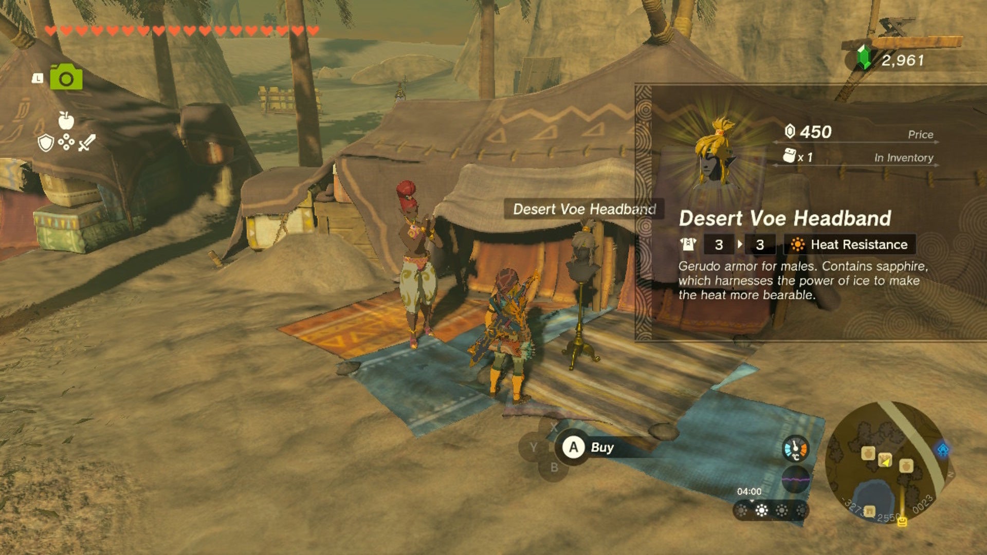 Link looks at the Desert Voe headband at Kara Kara Bazaar in The Legend of Zelda: Tears of the Kingdom