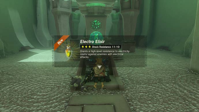Link gets an Electro Elixir from a chest in the Joku-usin Shrine in The Legend of Zelda: Tears of the Kingdom