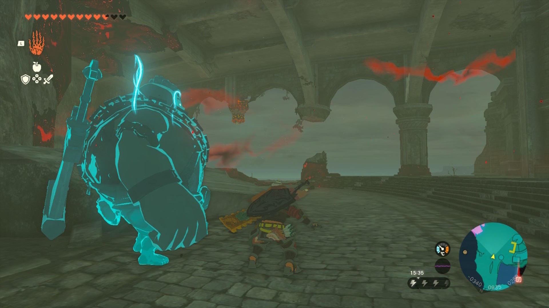 Link faces a distant Fire Like in 
The Legend of Zelda: Tears of the Kingdom