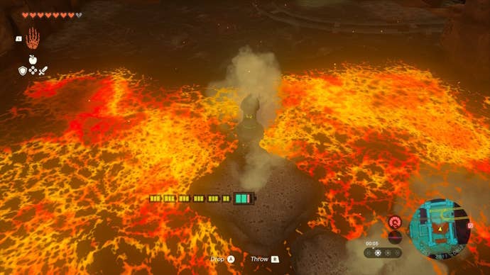 Link forges a path over lava using a fire hydrant in The Legend of Zelda: Tears of the Kingdom