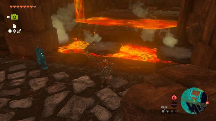 Link faces some lava and stone slabs in The Legend of Zelda: Tears of the Kingdom