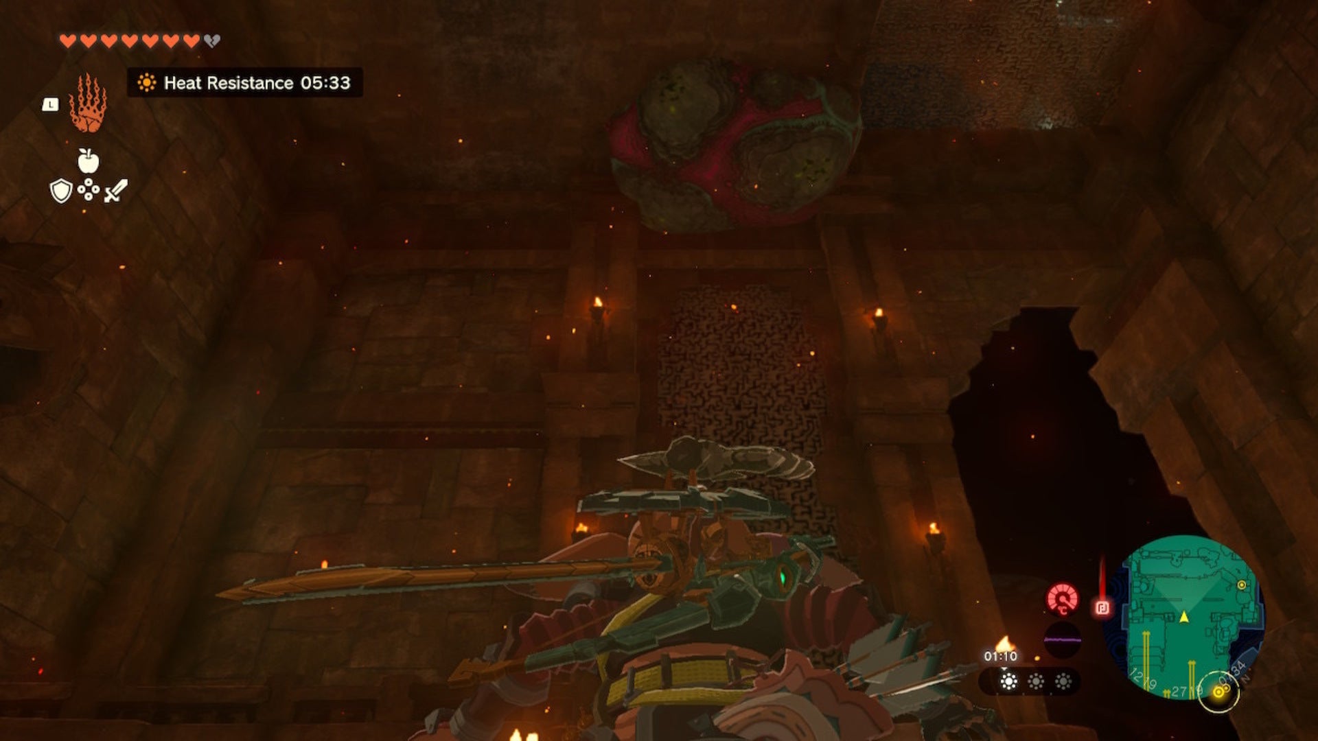 Link looks up at a marbled rock he can fire Yunobo at in The Legend of Zelda: Tears of the Kingdom