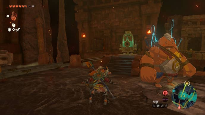 Link faces a pillar while standing beside Yunobo in The Legend of Zelda: Tears of the Kingdom
