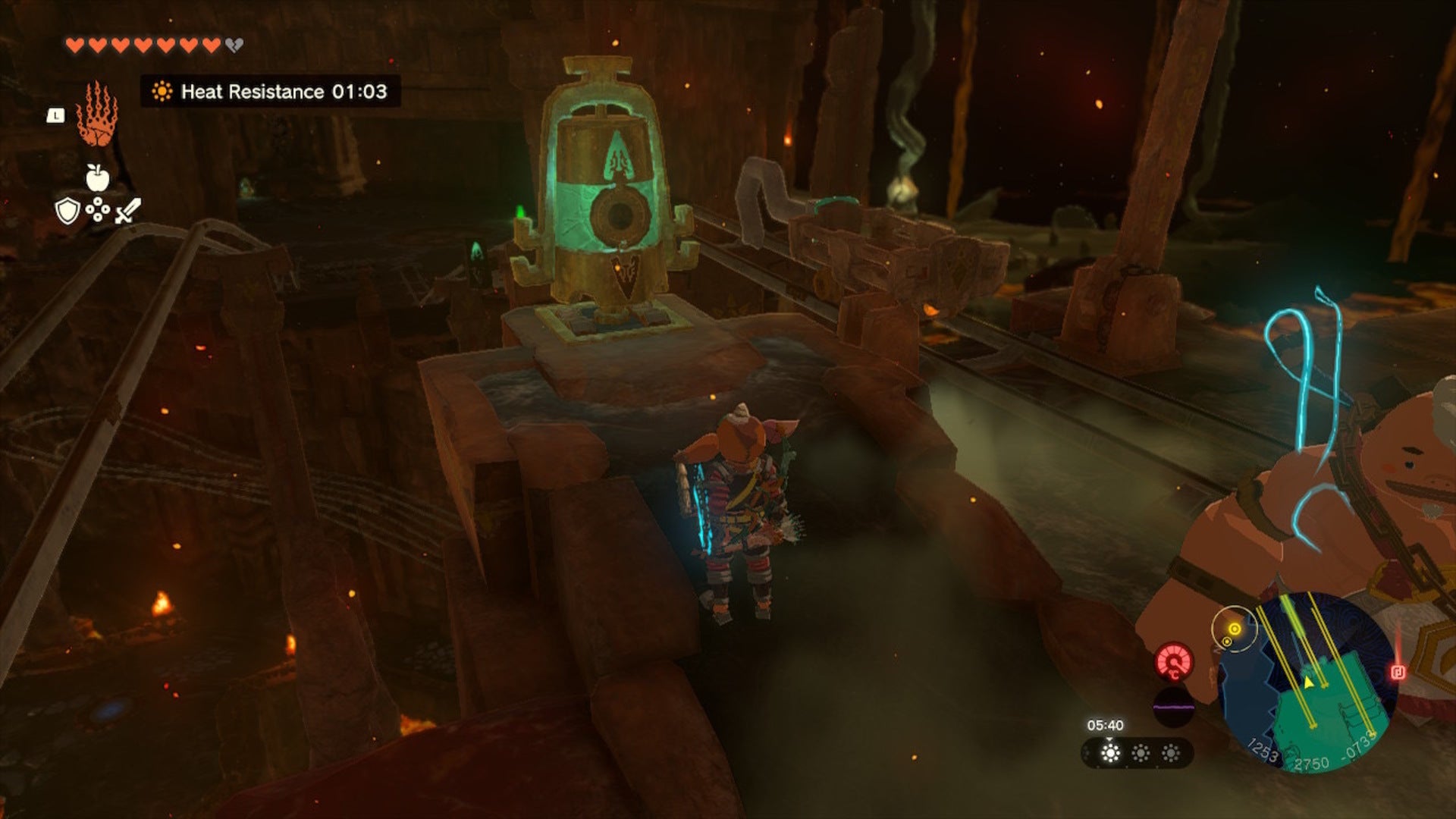 Link faces a pillar with a minecart beside it in The Legend of Zelda: Tears of the Kingdom