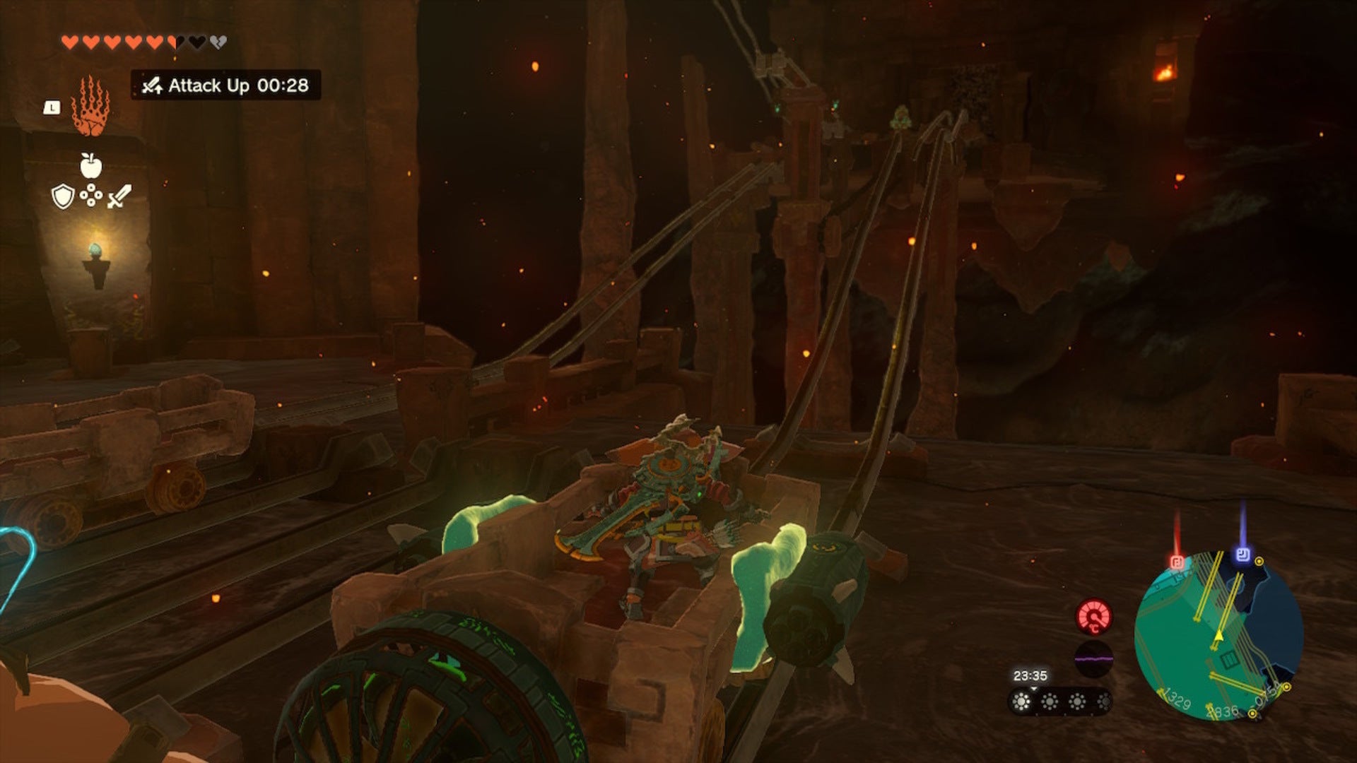 Link sits in a minecart with two rockets attached to either side in The Legend of Zelda: Tears of the Kingdom