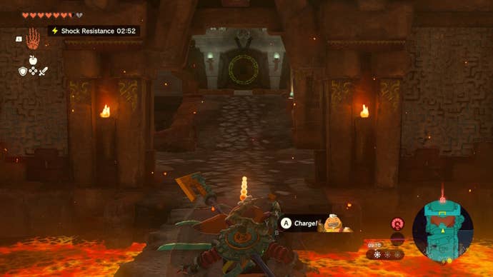Link aims Yunobo at a lock in The Legend of Zelda: Tears of the Kingdom
