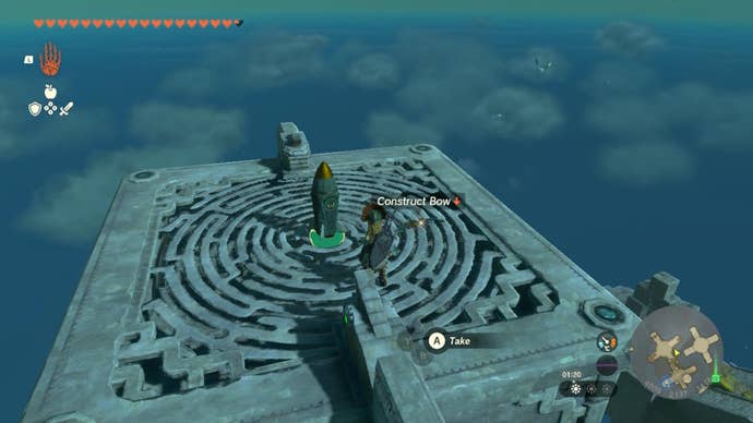 Link rides a floating platform with a rocket attached to it in Zelda: Tears of the Kingdom