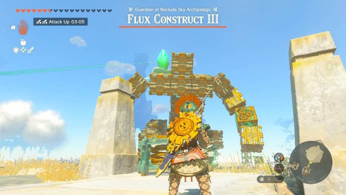 Link faces a Flux Construct with a sky crystal attached to it in Zelda: Tears of the Kingdom