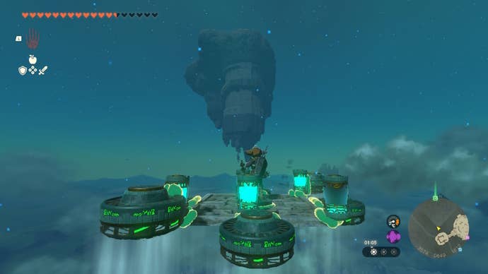 Link rides a flying platform towards a sky island in Zelda: Tears of the Kingdom