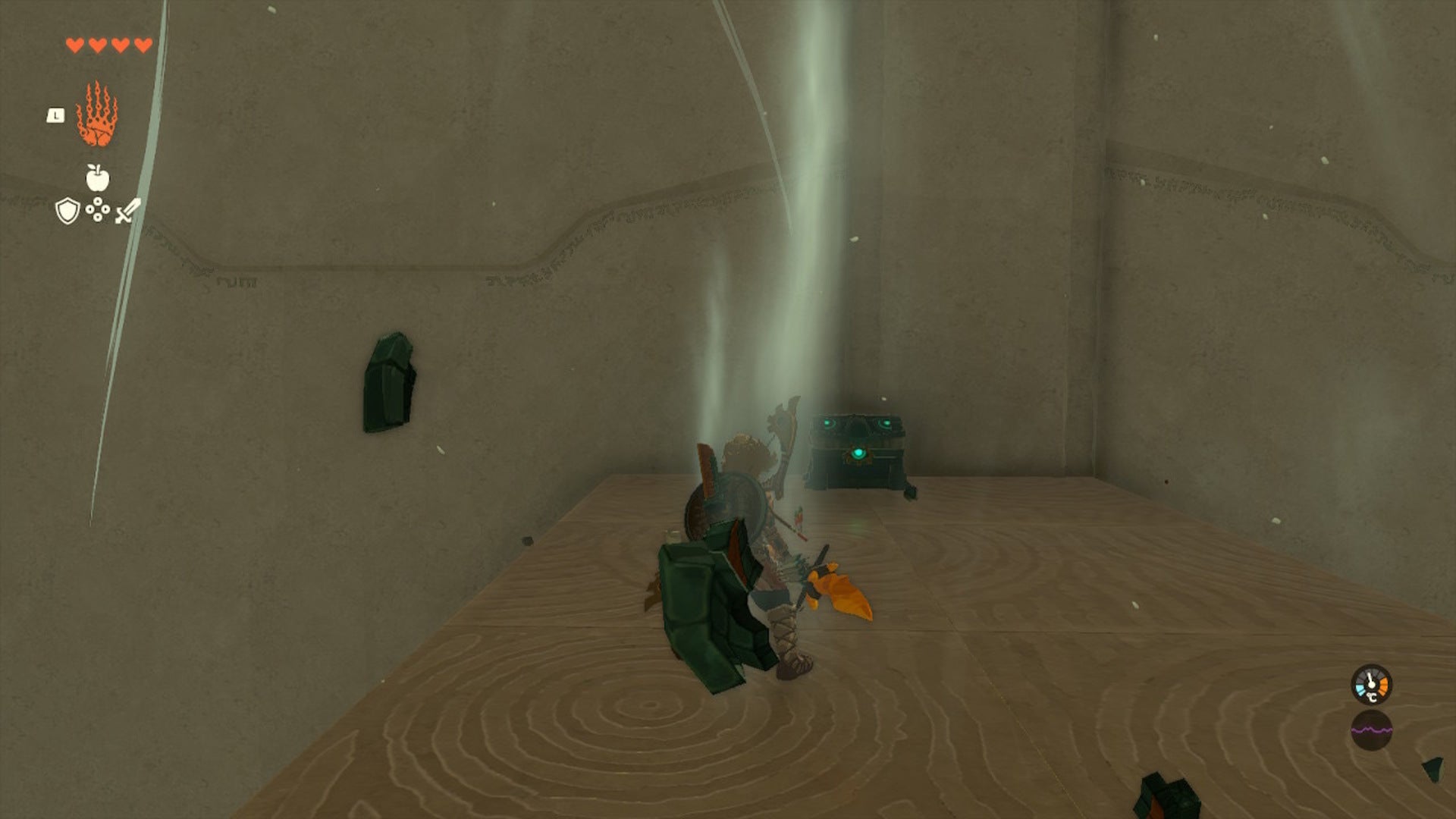 Link lands on a platform with a chest on it in the Gatakis Shrine in Zelda: Tears of the Kingdom