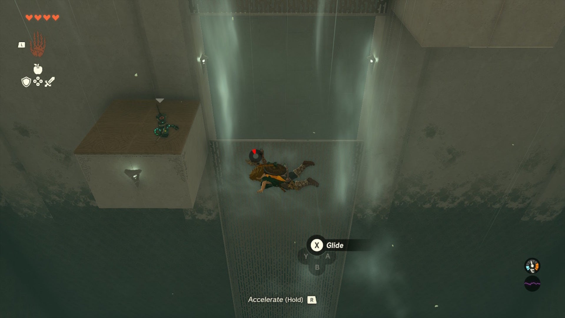 Link glides, facing a gap in a grate, in the Gatakis Shrine in Zelda: Tears of the Kingdom - 7