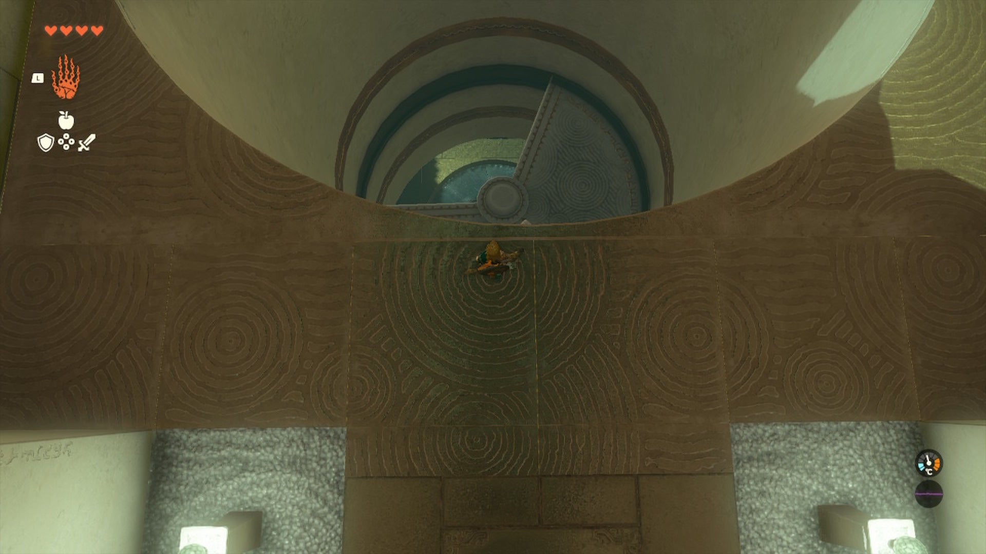 Link looks down at a moving wind turbine in the Gatakis Shrine in Zelda: Tears of the Kingdom - 6