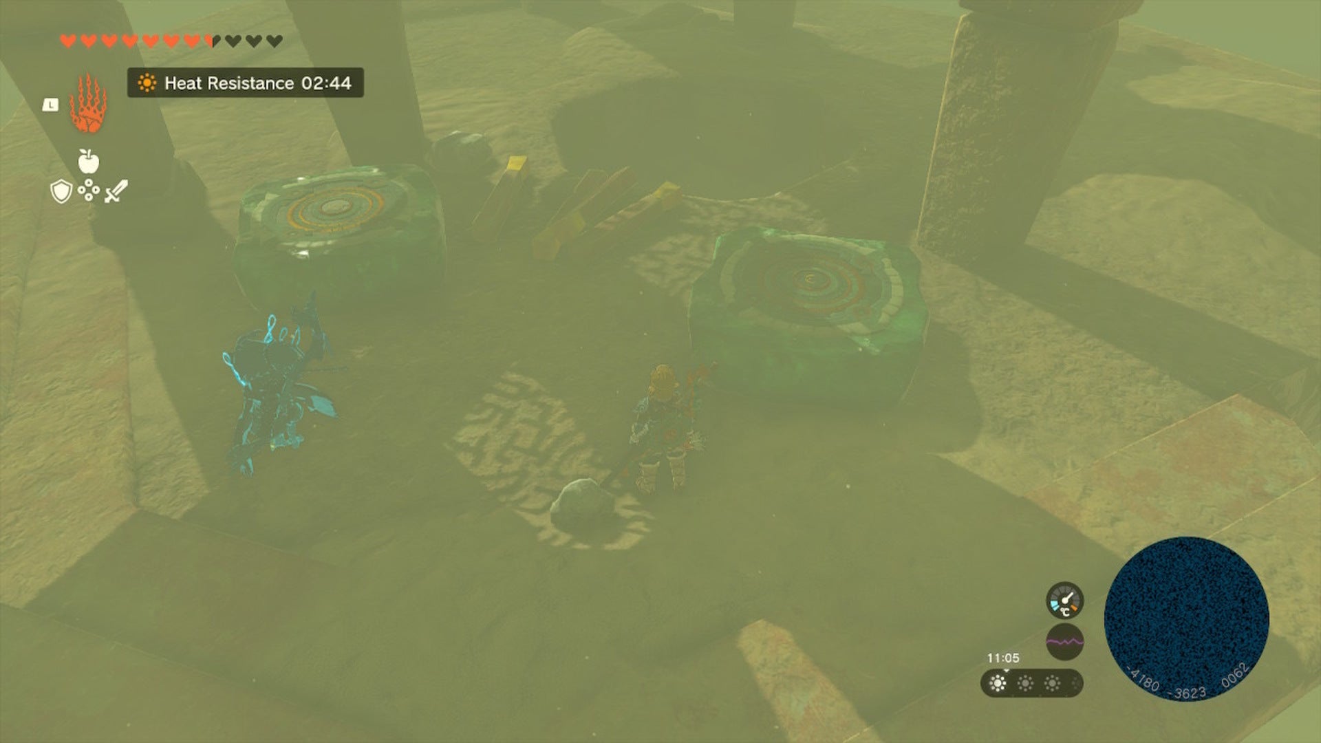 Link smashes the floor of a pillar revealing poles and hover tablets in The Legend of Zelda: Tears of the Kingdom