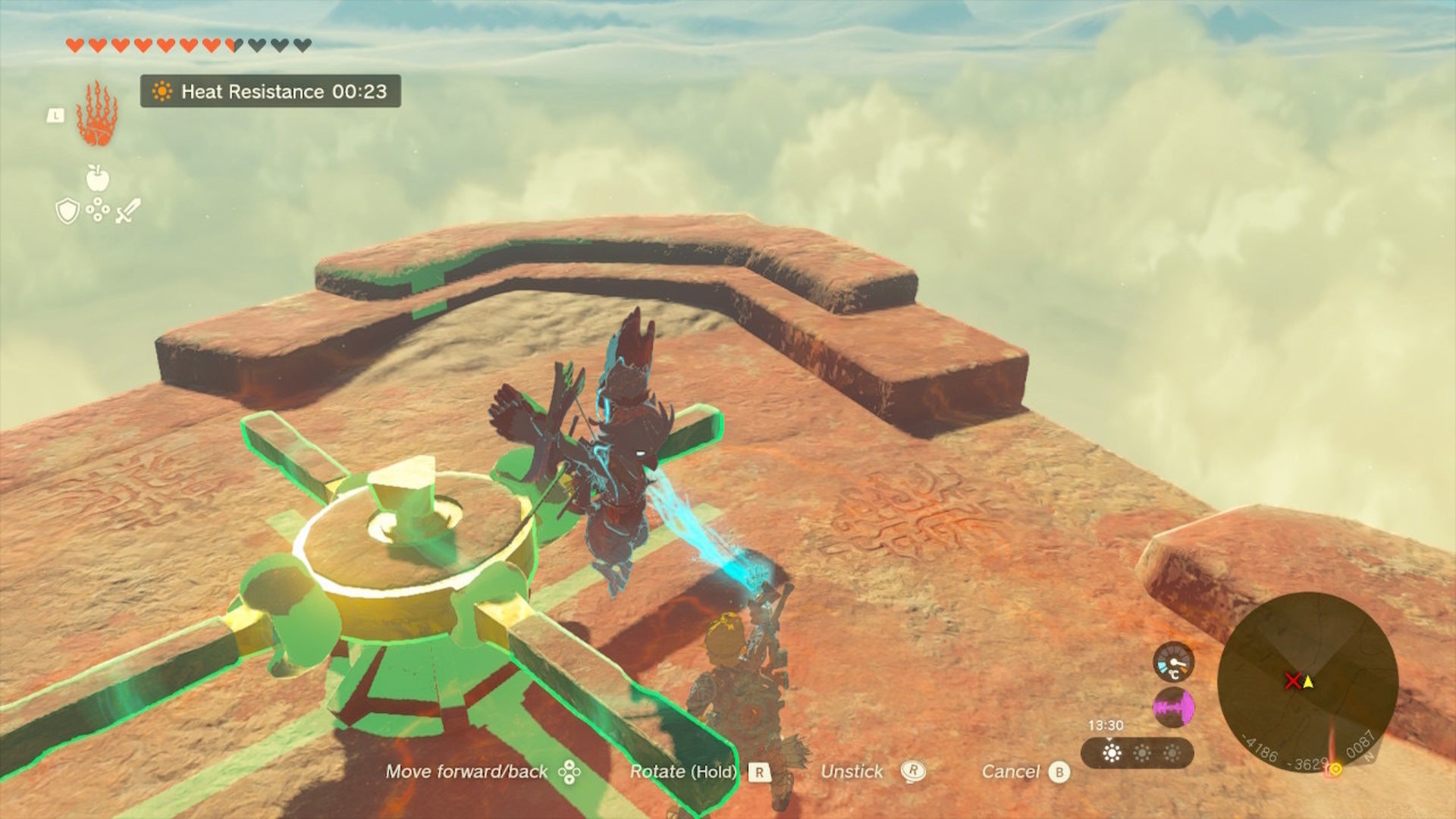 Link uses Ultrahand to move a wheel atop a pillar in The Legend of Zelda: Tears of the Kingdom