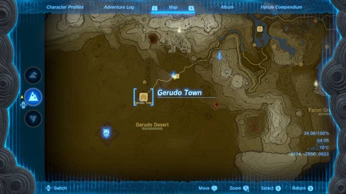 A map showing the location of Gerudo Town in The Legend of Zelda: Tears of the Kingdom