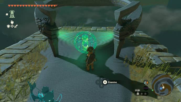Link examines the Zonai terminal in front of the Gikaku Shrine in Zelda: Tears of the Kingdom