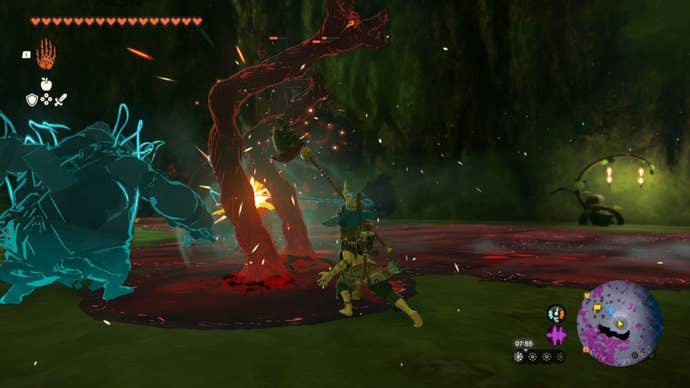 Link fights with some Gloom Hands in Korok Grove in The Legend of Zelda: Tears of the Kingdom