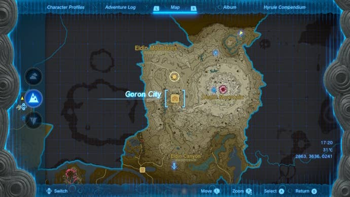 A map showing Goron City in The Legend of Zelda: Tears of the Kingdom