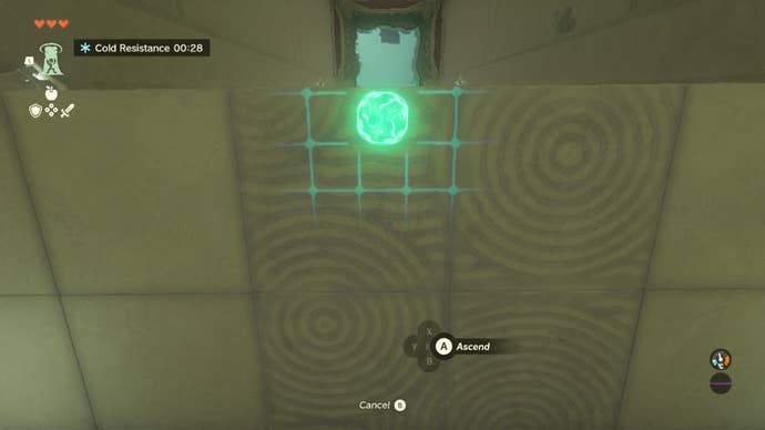Link uses the Ascend ability in the Gutanbac Shrine of The Legend of Zelda: Tears of the Kingdom