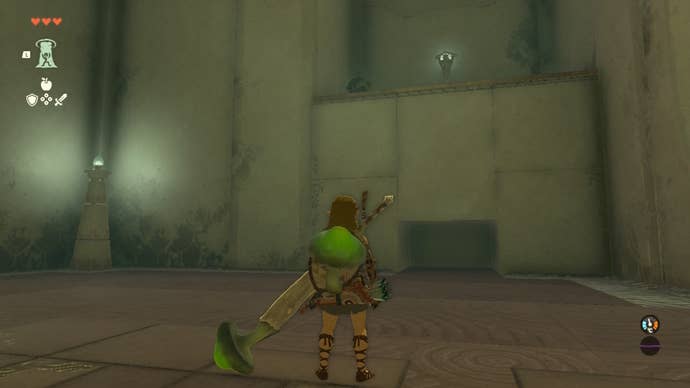 Link looks toward a ledge with a chest on it in the Gutanbac Shrine of The Legend of Zelda: Tears of the Kingdom