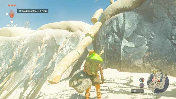 Link looks up at a log ramp leading up some icy cliffs in The Legend of Zelda: Tears of the Kingdom