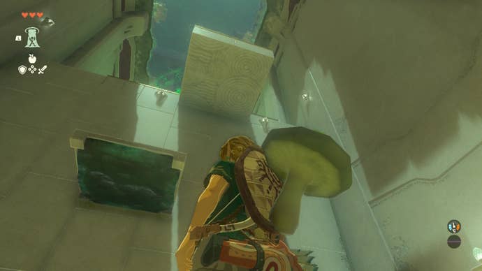 Link looks up toward two platforms in the Gutanbac Shrine in The Legend of Zelda: Tears of the Kingdom