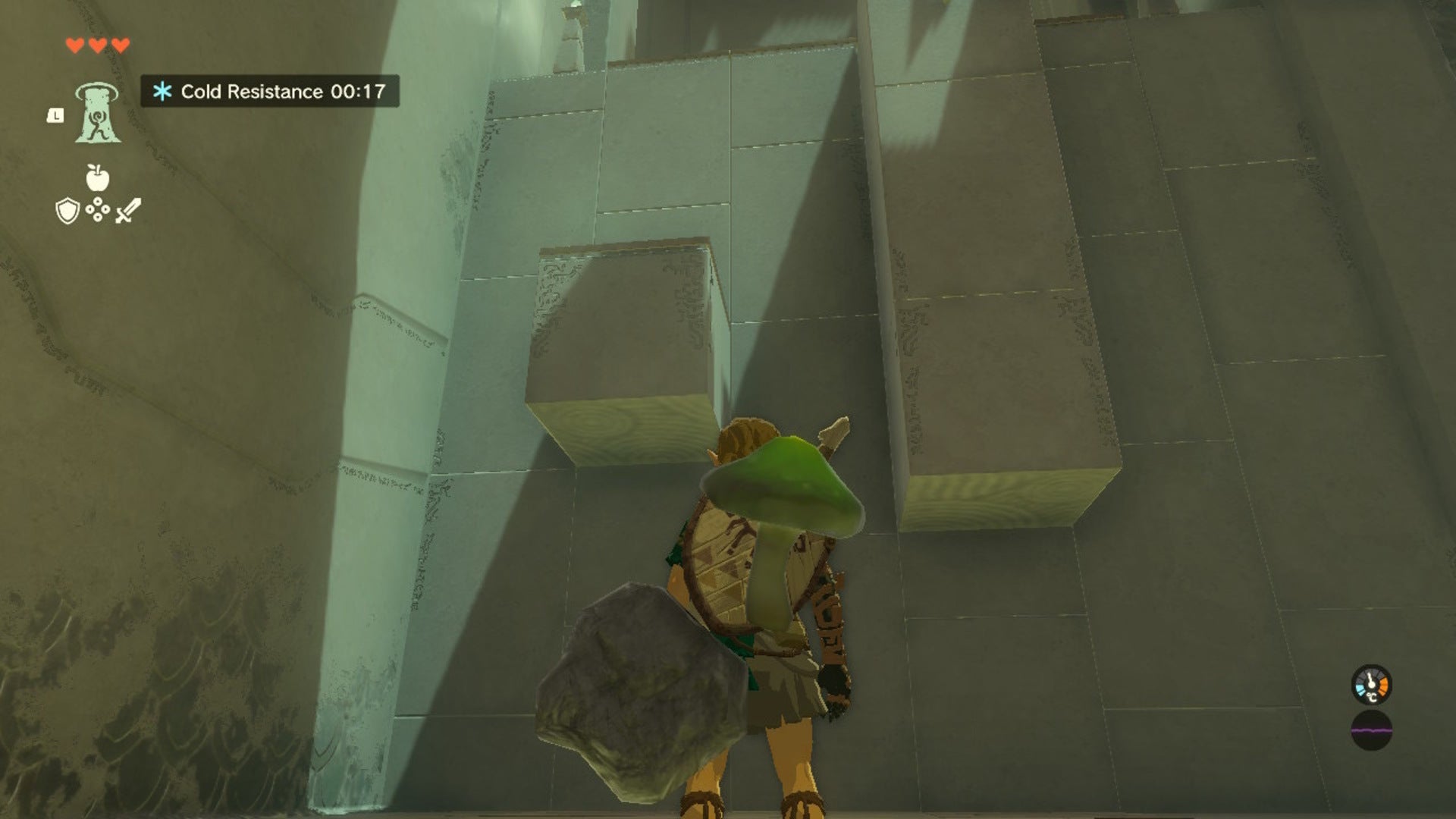 Link looks at two platforms, one of them with a chest on top, in the Gutanbac Shrine of The Legend of Zelda: Tears of the Kingdom - 7