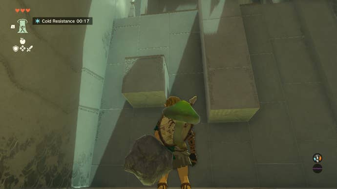 Link looks at two platforms, one of them with a chest on top, in the Gutanbac Shrine of The Legend of Zelda: Tears of the Kingdom