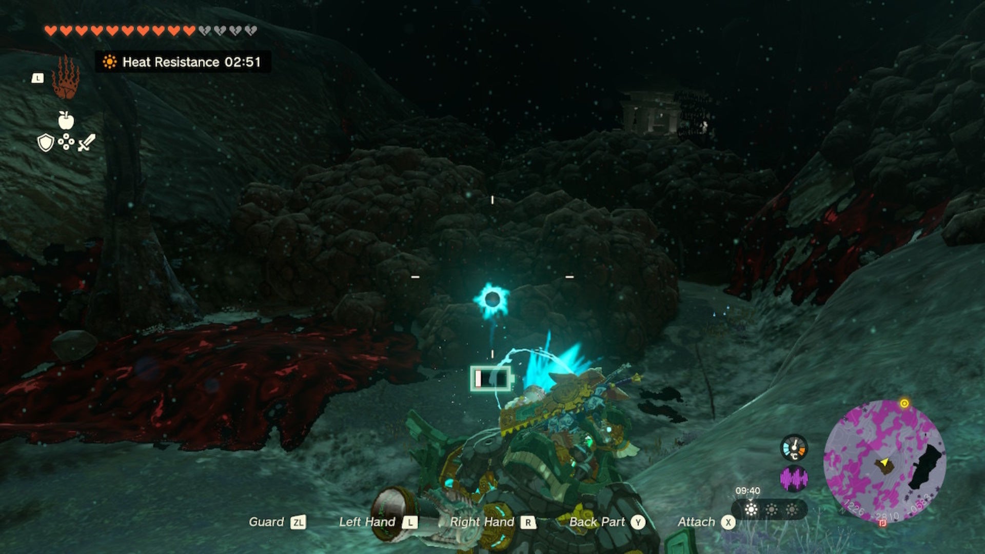 Link, atop Mineru&rsquo;s construct, aims its hand cannons at various rocks in The Legend of Zelda: Tears of the Kingdom