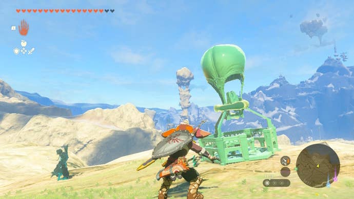 Link faces a hot air balloon built with Autobuild in Zelda: Tears of the Kingdom