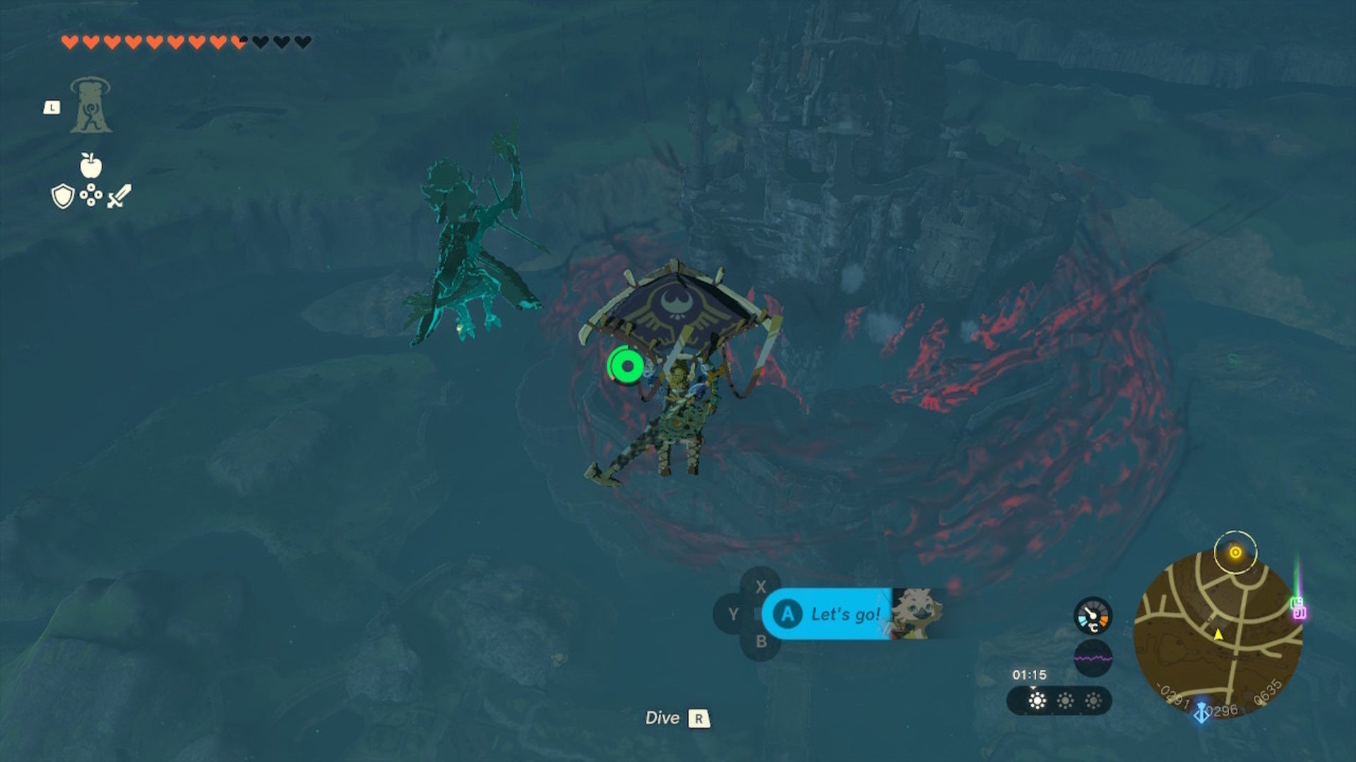 Link glides toward Hyrule Castle from Lookout Landing Skyview Tower in 
The Legend of Zelda: Tears of the Kingdom