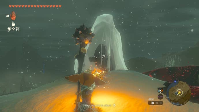 Link melts a block of ice using arrows and Fire Fruit in The Legend of Zelda: Tears of the Kingdom