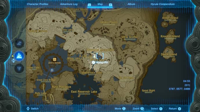 A map of the Ihen-a Shrine's location in The Legend of Zelda: Tears of the Kingdom