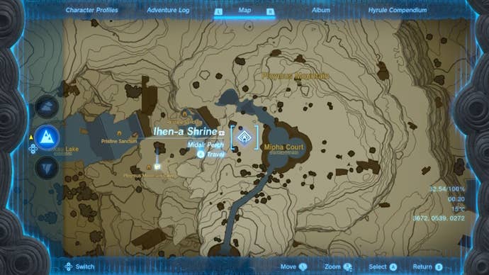 A map showing the location of the Ihen-a Shrine in The Legend of Zelda: Tears of the Kingdom