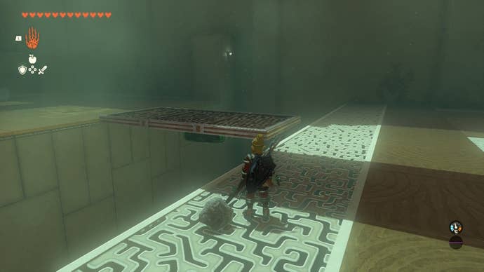 Link looks at a mesh plate sat atop a hover tablet in The Legend of Zelda: Tears of the Kingdom