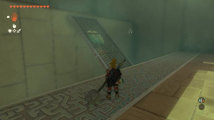 Link looks at a mesh plate attached to a floating hover tablet in The Legend of Zelda: Tears of the Kingdom