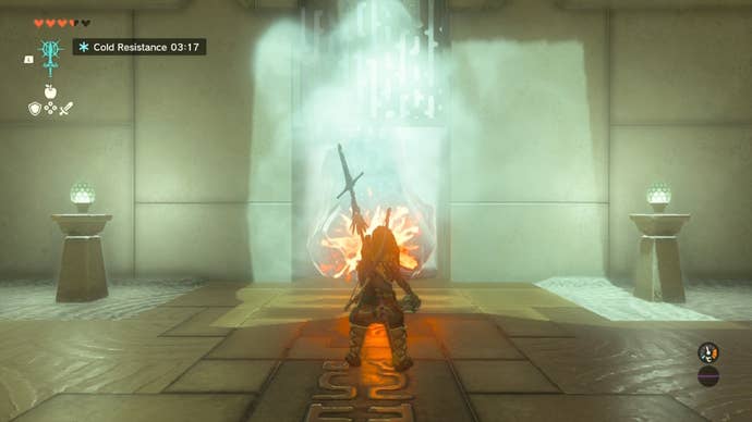 Link uses a Flame Emitter shield to melt a block of ice in the Ijo-o Shrine in The Legend of Zelda: Tears of the Kingdom