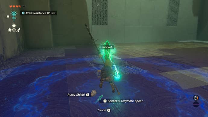 Link uses Fuse to attach a rocket to his shield in the Ijo-o Shrine in The Legend of Zelda: Tears of the Kingdom